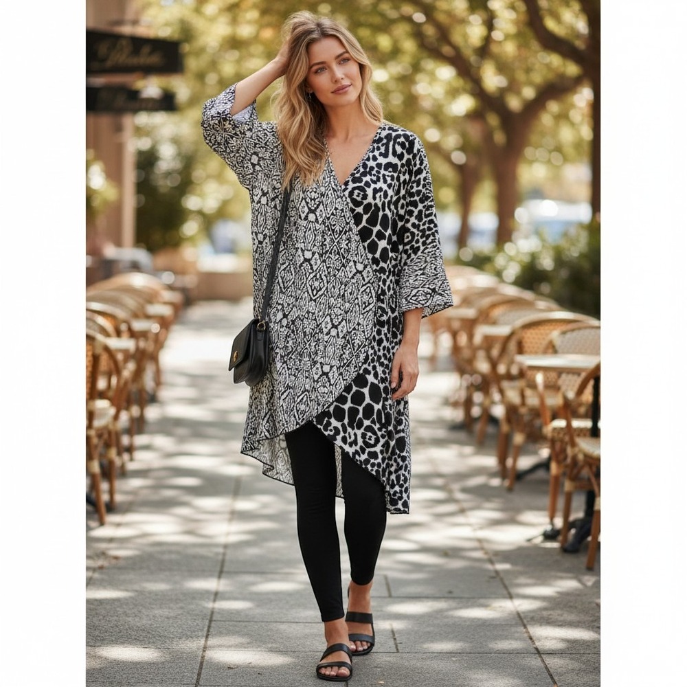 Cato Womens Black White Printed Deep Surplice Neck‎ Bell Sleeve Wrap Dress